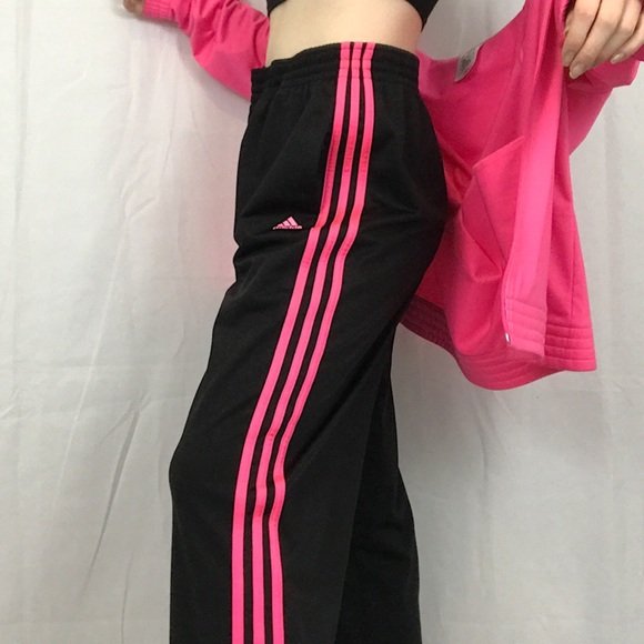 black adidas pants with pink stripes